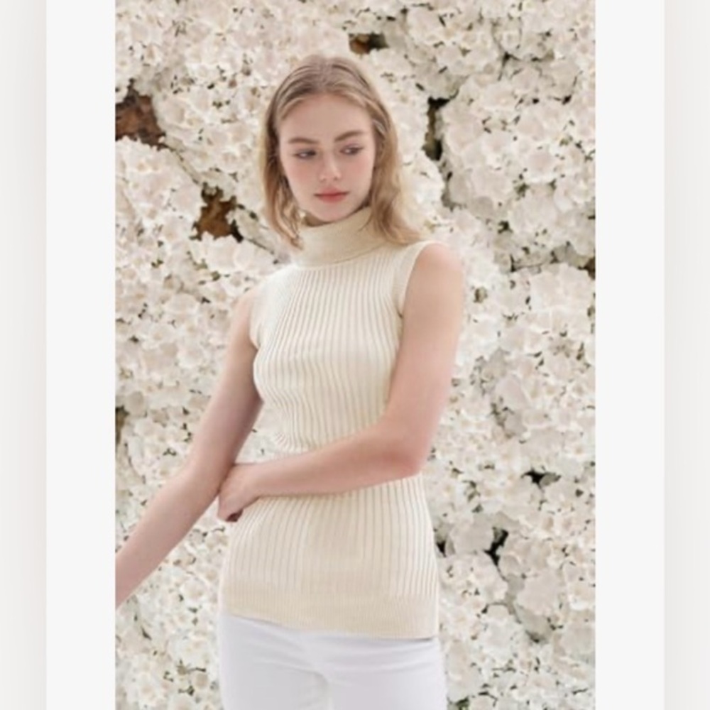 NWT V28 Amazon Women’s Small Beige Fitted Sleeveless Turtleneck Rib Knit Top S